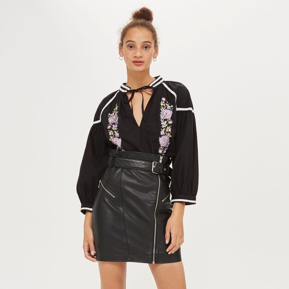 Topshop Embroidered Poplin Tie Neck Top